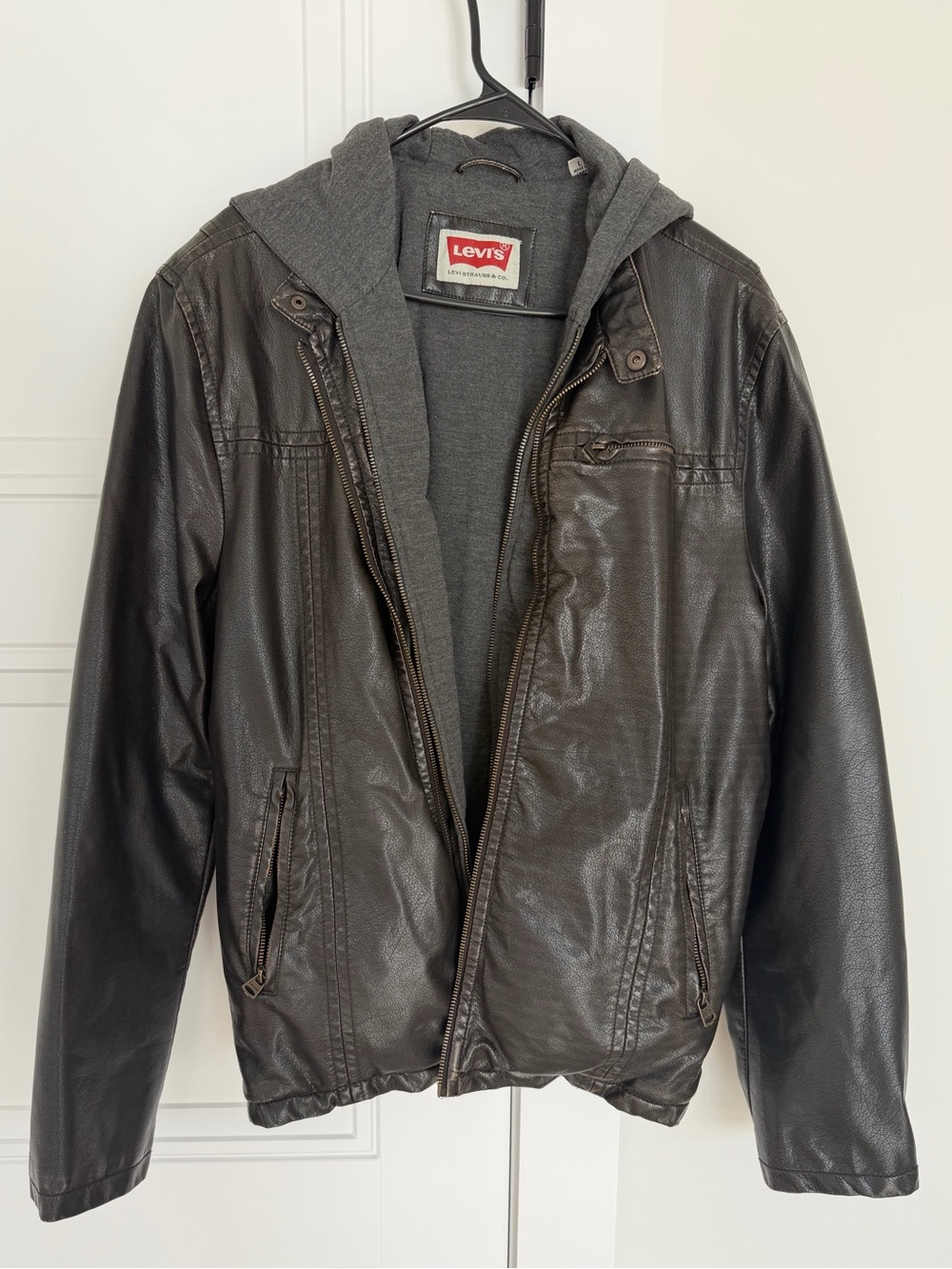 Men’s Levi’s Faux Leather Brown Jacket with built in Grey Hoodie Size L